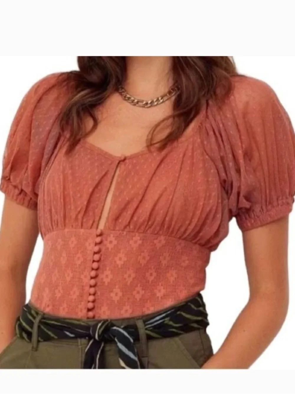 Free People Terra Cotta Puff-Sleeve Smocked Crop Top